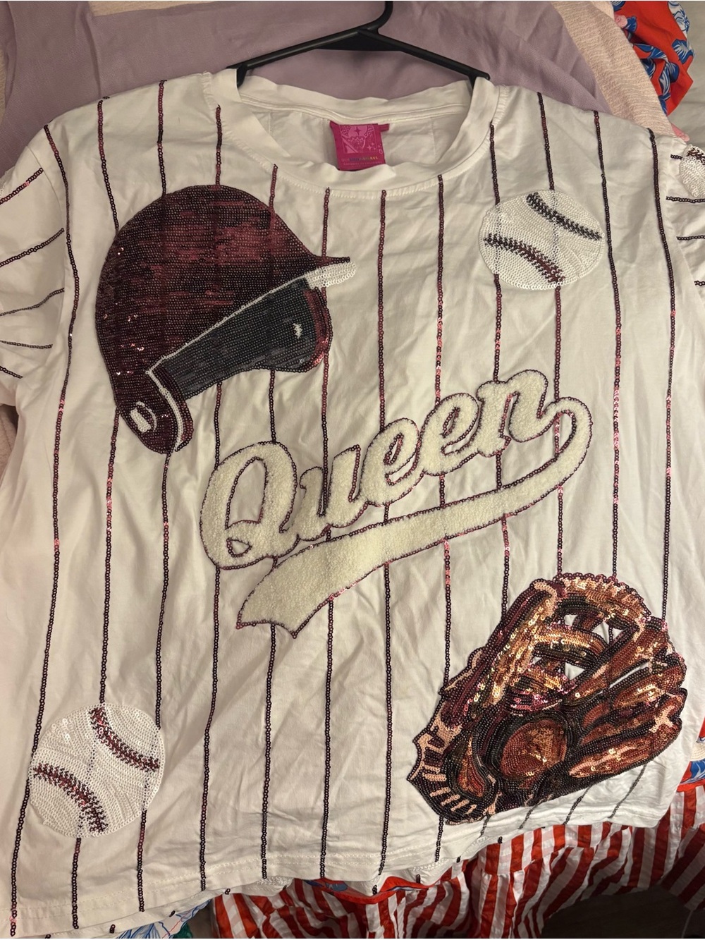 QUEEN OF SPARKLES White Short Sleeve Sequin Baseball Tee with Maroon Accents